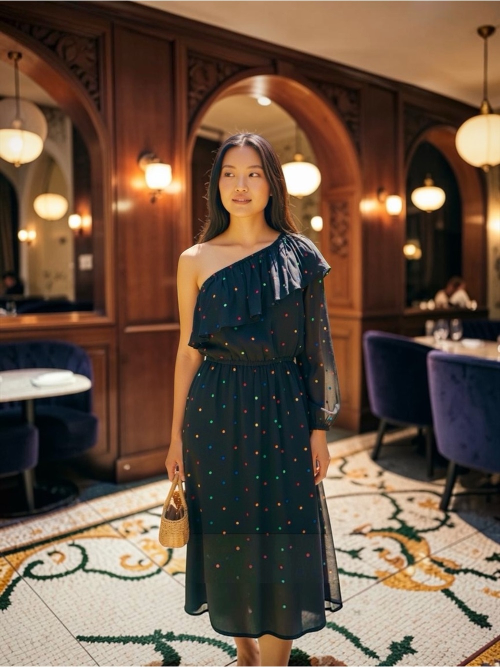 FARM Rio Black Polka Dot Asymmetrical One-Shoulder Dress